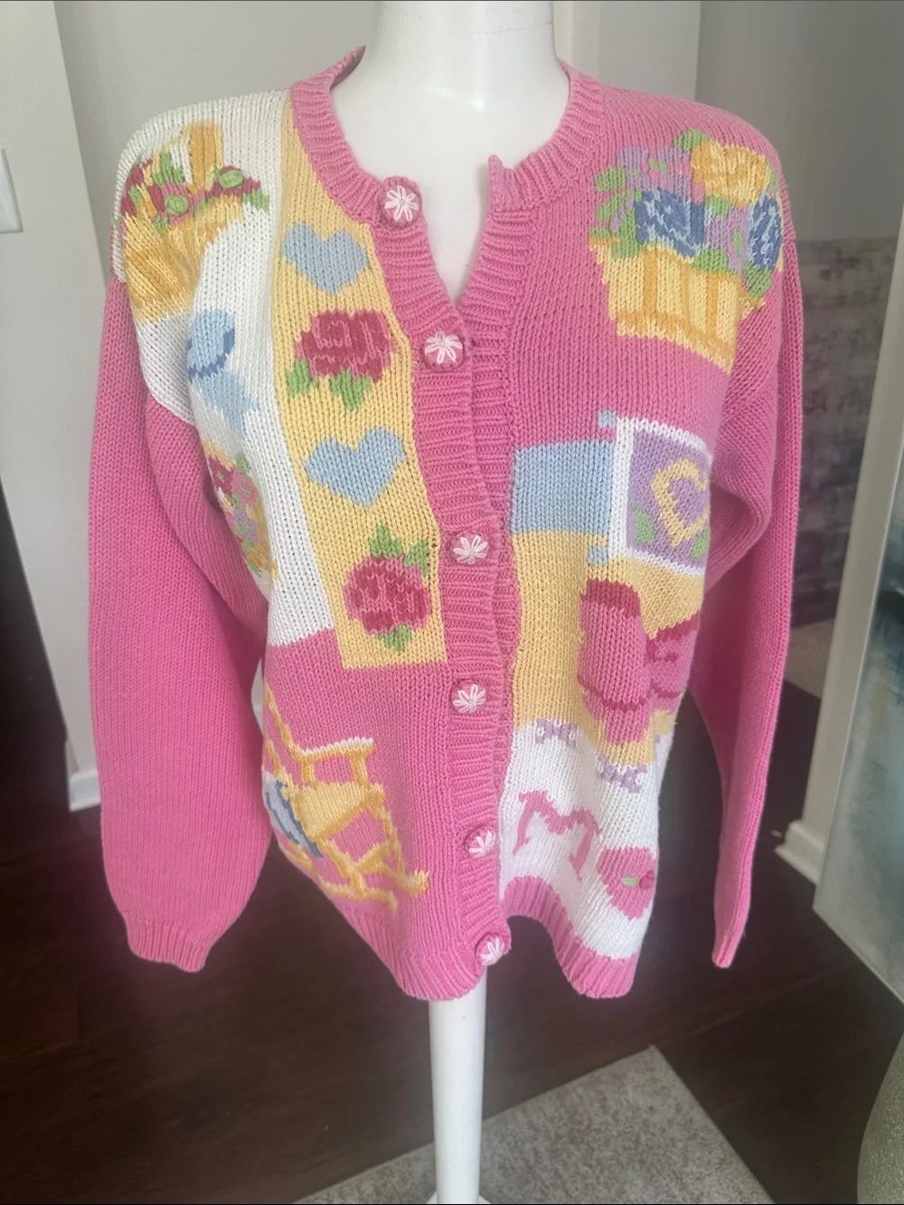 Alexandra Bartlett VTG Novelty Print Cardigan Sweater L